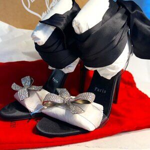 Christian Louboutin ASTRINODO 100 Crystal Bow Silk Tie Heels, SIZE 35 women shoe